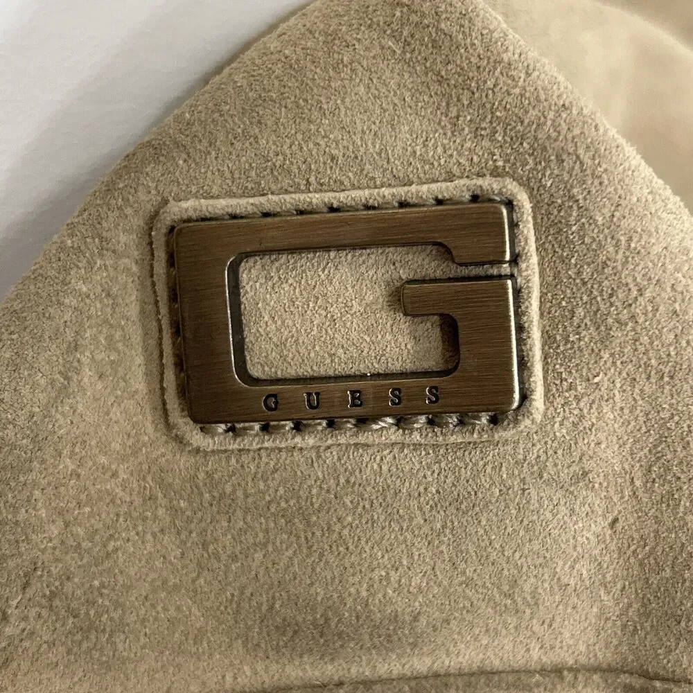 Guess Leather Suede Beige Tan Y2K‎ Hobo Shoulder Fringe Top Zip HandBag Purse